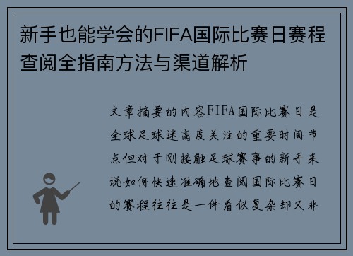 新手也能学会的FIFA国际比赛日赛程查阅全指南方法与渠道解析